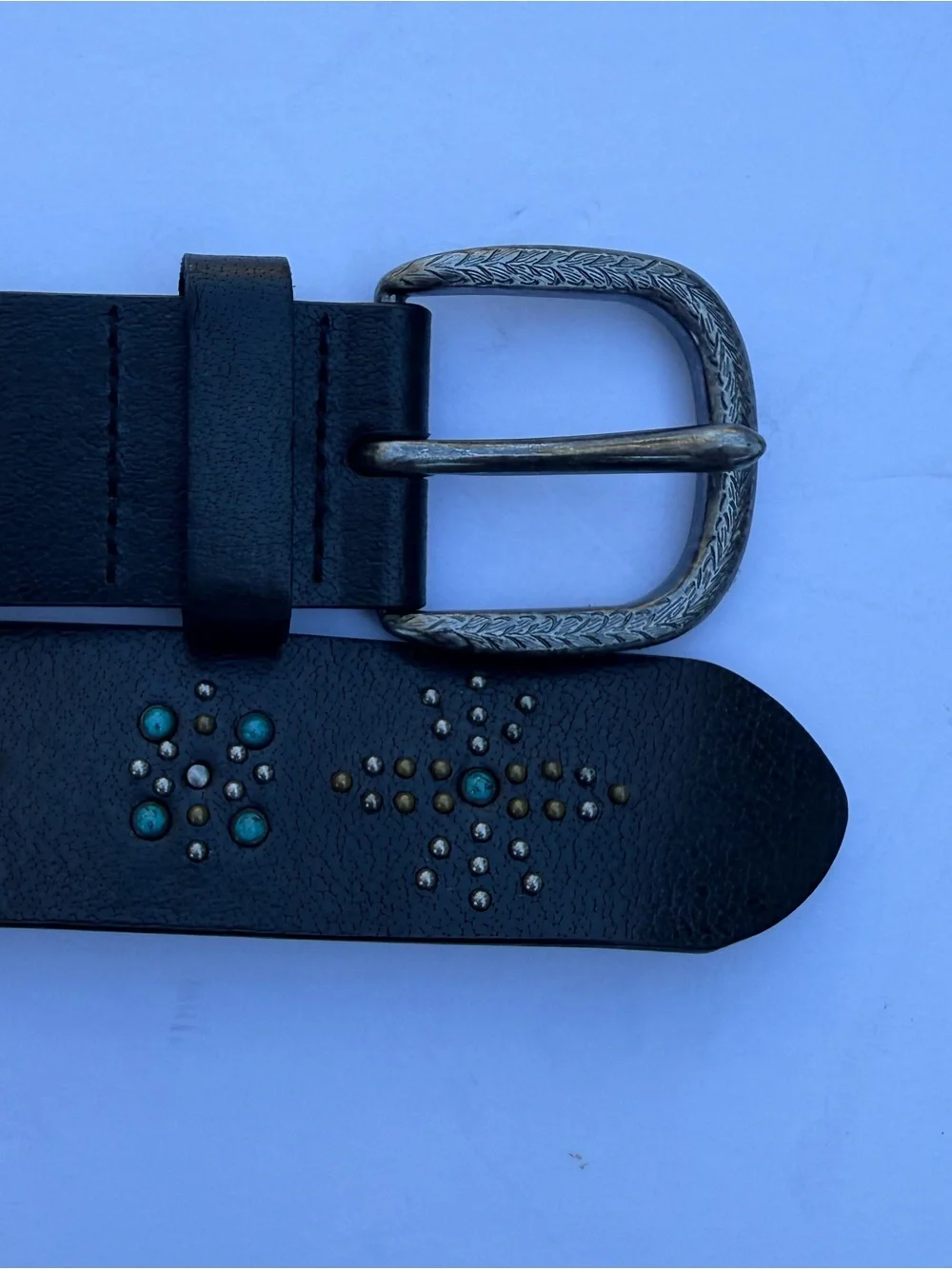 Lucky Brand Women's Black Studded Leather Belt with Turquoise Accents